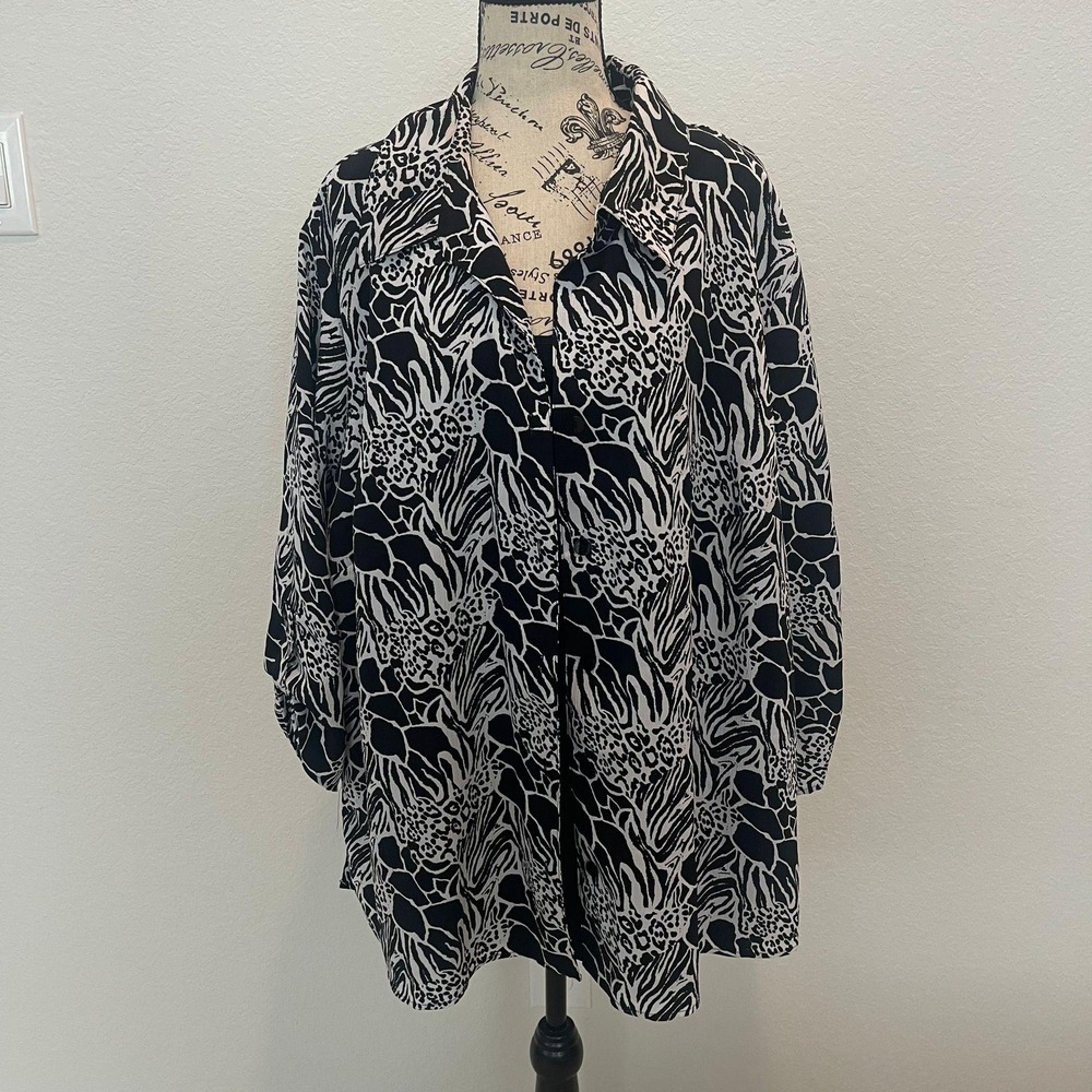 JMS Just‎ My Size Black White Animal Print Button Up Shirt Plus Size 4X 26W 28W